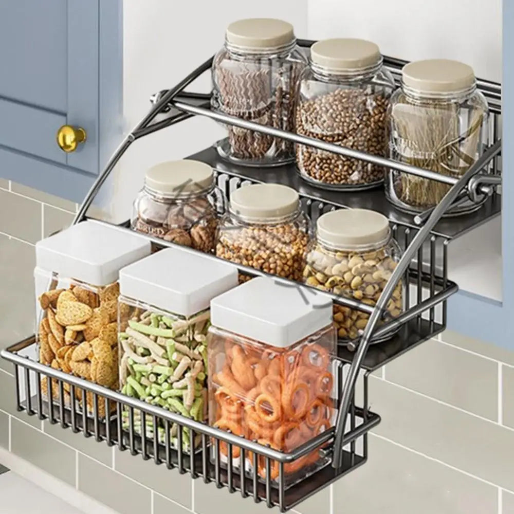 Carbon Steel 3-Tier Pull Down Spice Rack Large Capacity Space Saving Retractable Spice Rack Rust-proof Strong Load-bearing