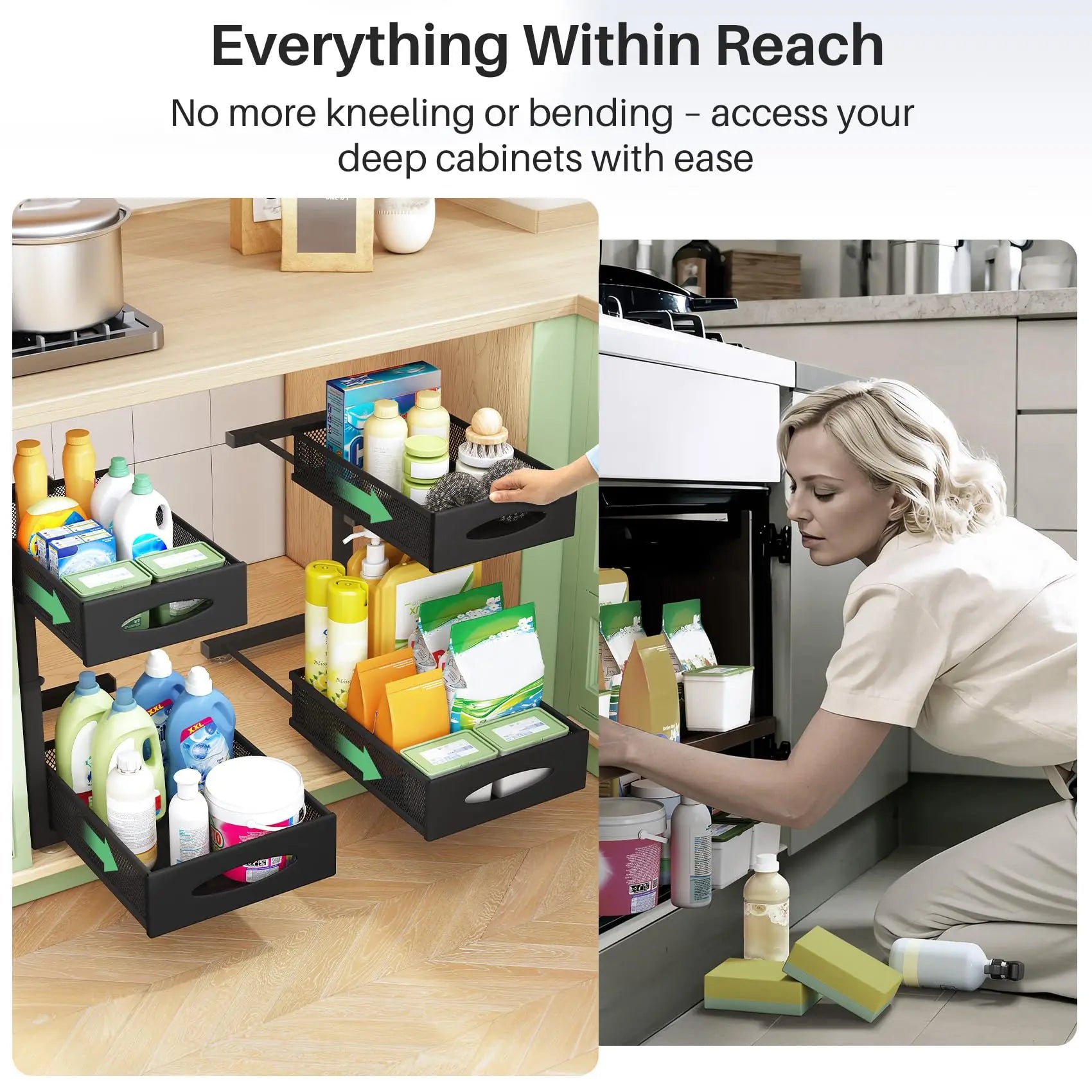 1 Pcs Under Sink Organizer, 2 Tier Pull out Cabinet Organizer Baskets with Mesh Sliding Drawers, Kitchen Slide out Storage Shelf