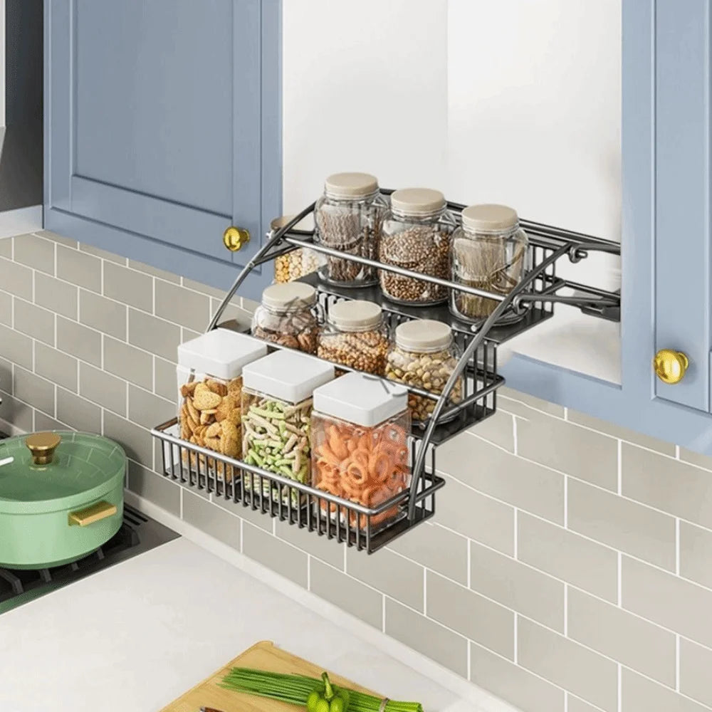 Carbon Steel 3-Tier Pull Down Spice Rack Large Capacity Space Saving Retractable Spice Rack Rust-proof Strong Load-bearing