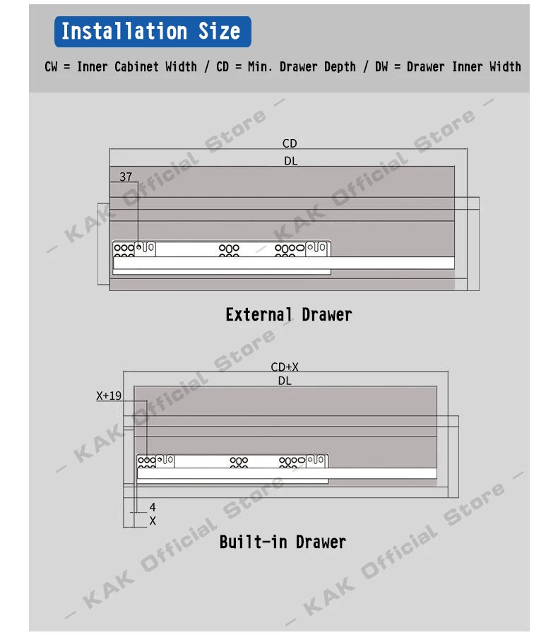 KAK 10"-20" Under Mount Drawer Slide Rails Soft Close 2 Section Hidden Rail Tracks 25KG Drawer Runner Hydraulic Damper Buffer