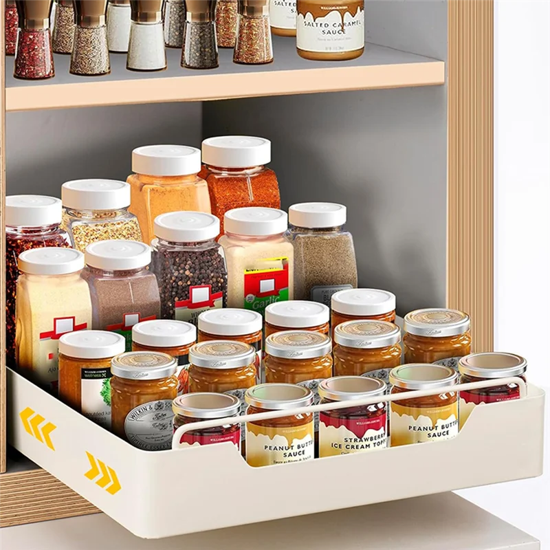 Pull-Out Kitchen Storage Box, Cabinet Organizer Rack, Spice Pantry Shelves, Drawer Basket, Easy Install, Quiet Slide-AT64