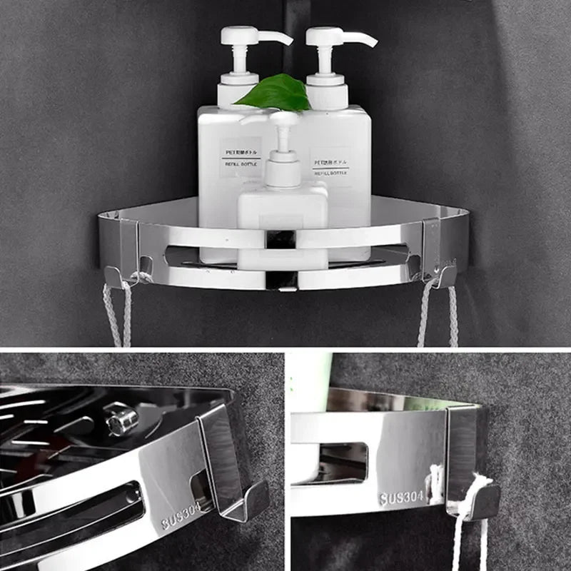 Stainless Steel Bathroom Shelves Corner Shelf Organizer Kitchen Sucker Wall Mounted Storage Corner Rack Bathroom Accessories