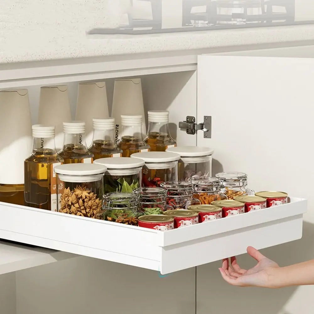 Pull-out Kitchen Storage Rack Large Capacity Plastic Spice Box Storage Rack with Slide Rails Anti-slip Drawer Type Storage Tray
