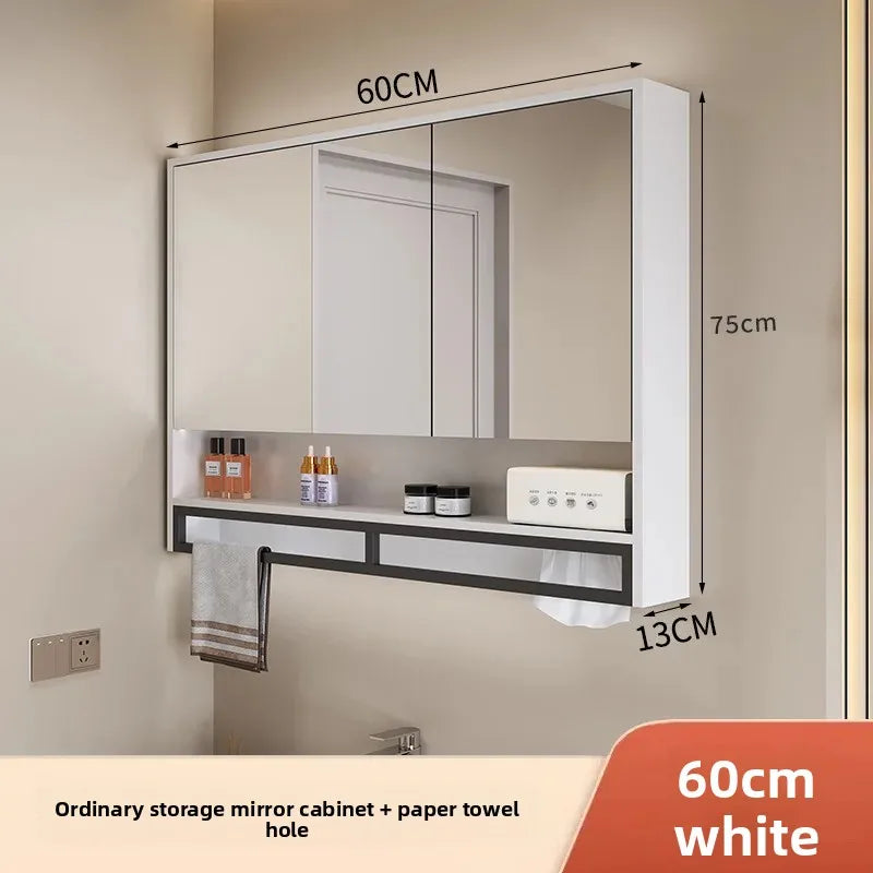 Bathroom Mirror Cabinet Wall Mounted LED Waterproof Aluminum Medicine Cabinet with Storage Shelf Towel Rod for Home Bathroom