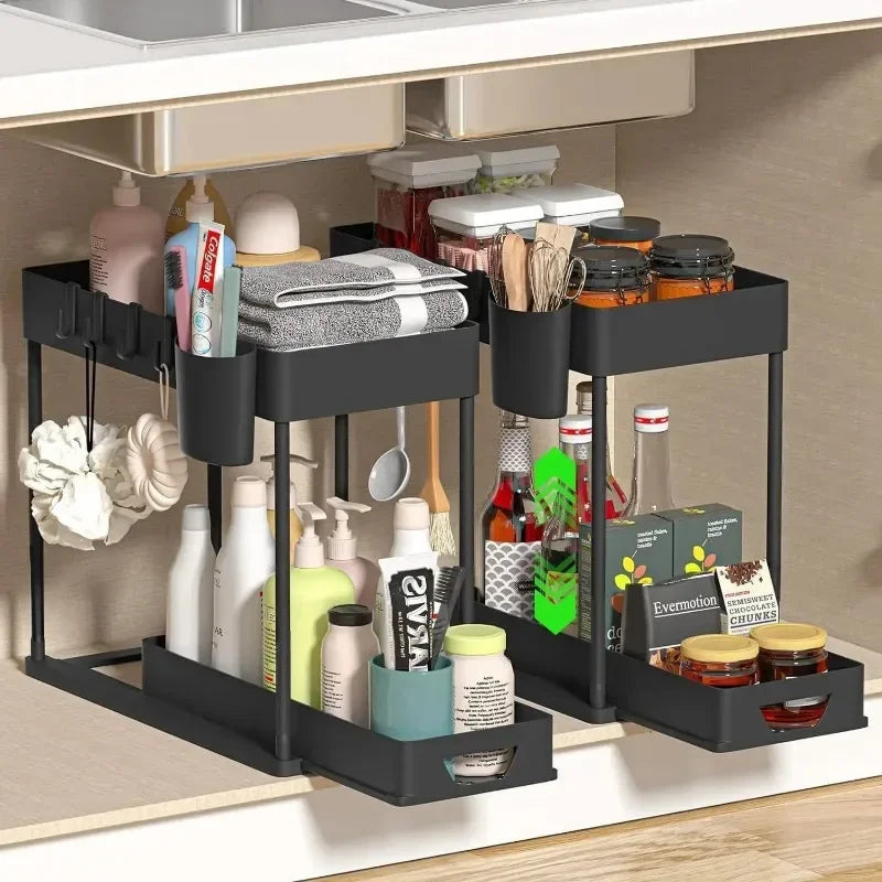 Under Sink Organizer, Sliding Cabinet Basket Organizer, Storage Rack with Hooks, Hanging Cup, Bathroom Kitchen Organizer, 2 Tier