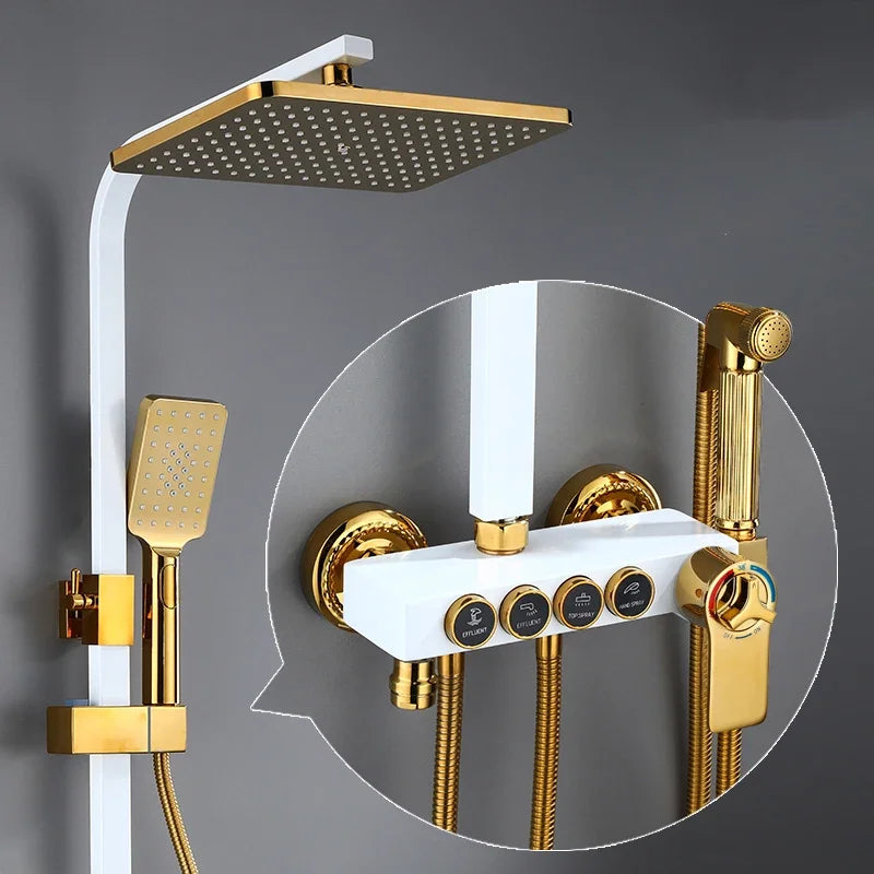 Thermostatic Bathroom Shower Set White Gold Bathroom Faucet Accessories 12 Inch Rain Shower Head Hot Cold Bathroom Shower System