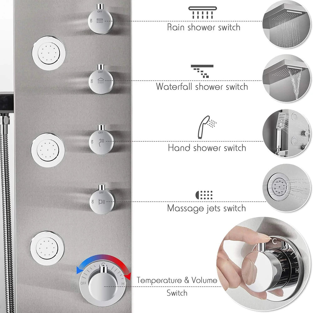 ZAPPO Shower Panel with Rainfall Waterfall Shower Head 5 Body Jets and 3-Function Handheld Rain Massage System Shower Column Tap
