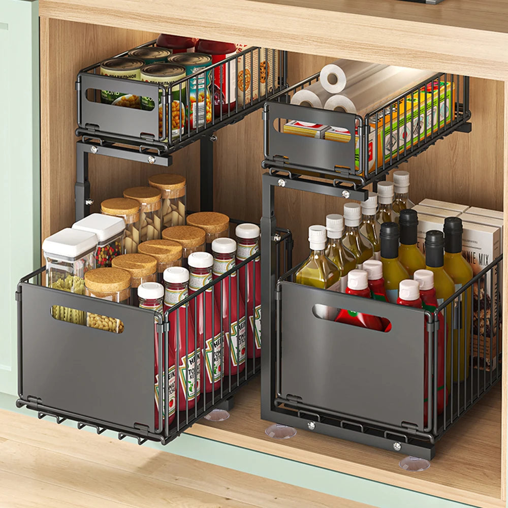2-Tier Pull Out Cabinet Organizer Drawer Height Adjustable Kitchen Rack for Cabinet Under Sink Organizer Spice Jar Storage Shelf