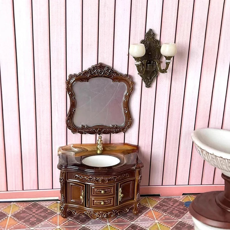 Dollhouse Decoration Accessories; Mini Bathroom Furniture with Basin, Sink and Mirror.