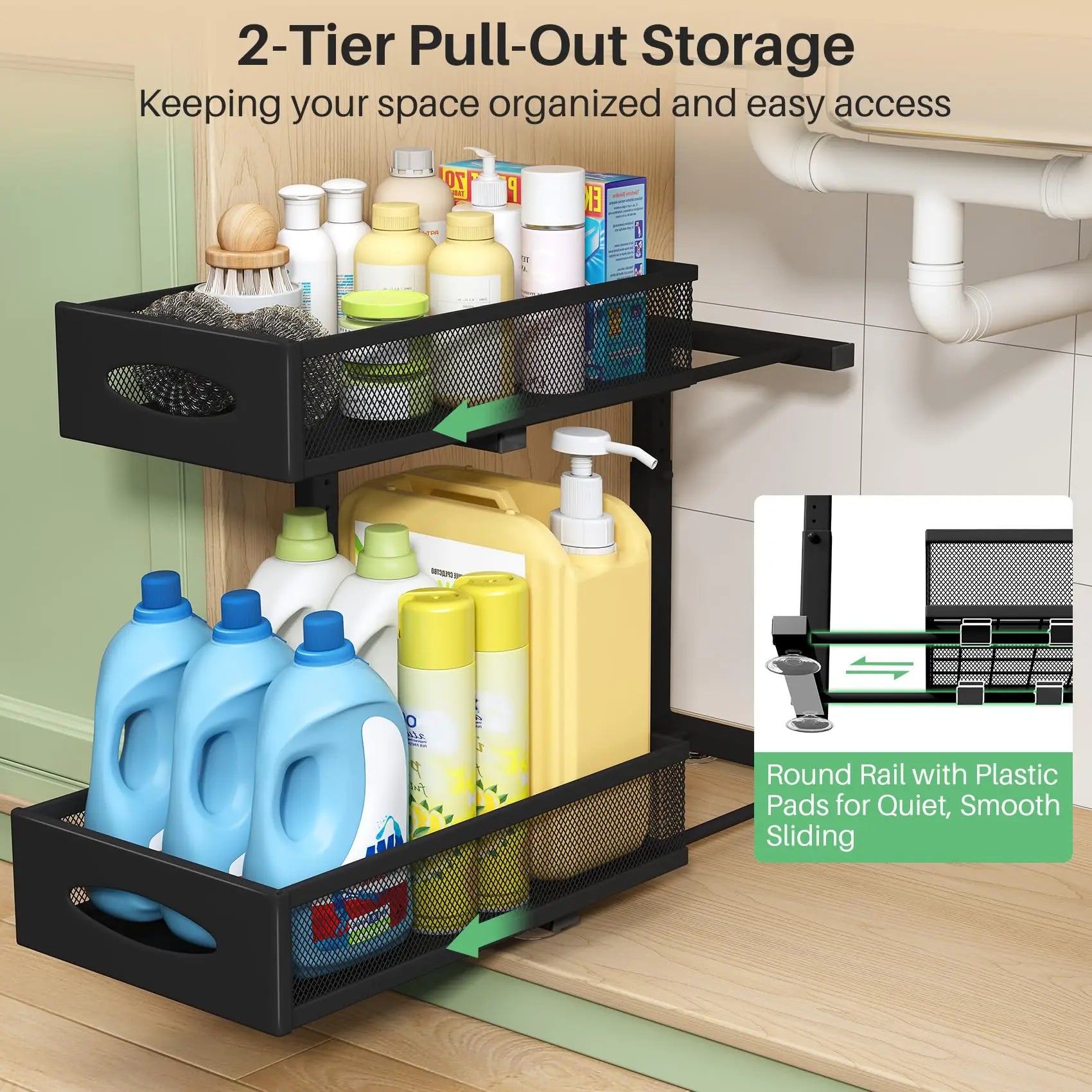1 Pcs Under Sink Organizer, 2 Tier Pull out Cabinet Organizer Baskets with Mesh Sliding Drawers, Kitchen Slide out Storage Shelf