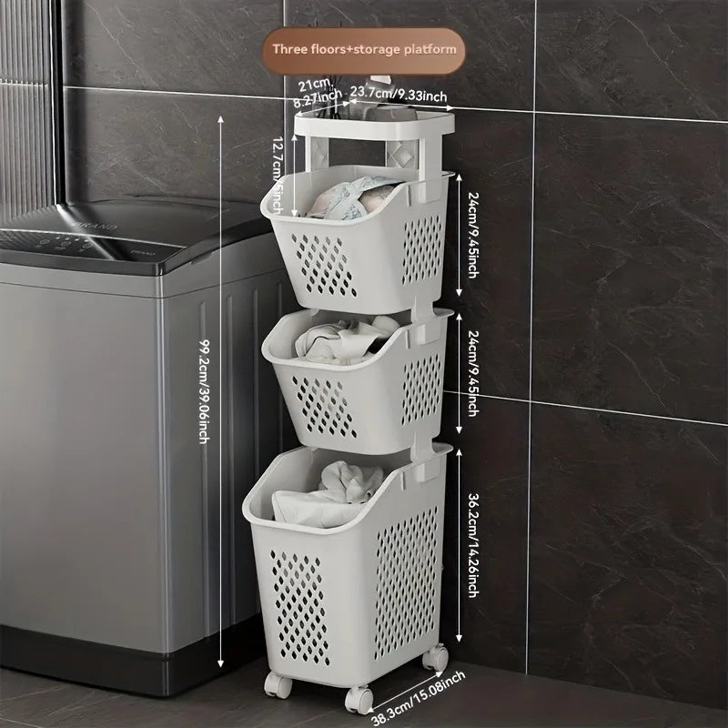 Multilayer Dirty Laundry Basket Storage Rack Clothes Storage Basket Sundries Storage Basket with Wheels Home Bathroom Supplies