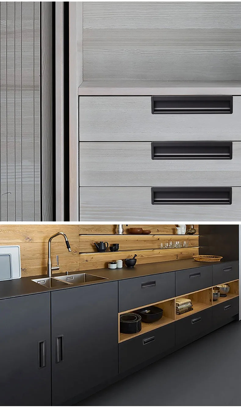 Embedded Hidden Furniture Handles Modern Aluminum Alloy Wardrobe Door Pulls Matte Black Kitchen Cabinets Knob Decoration Handles