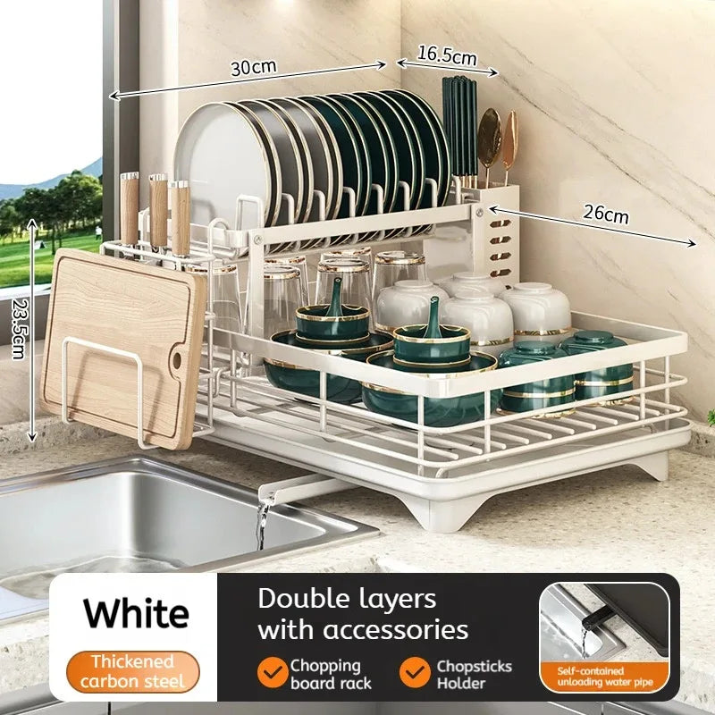 Stainless Steel Adjustable Dish Drying Rack with Drainboard - Over Sink Plate Organizer, Kitchen Storage Rack
