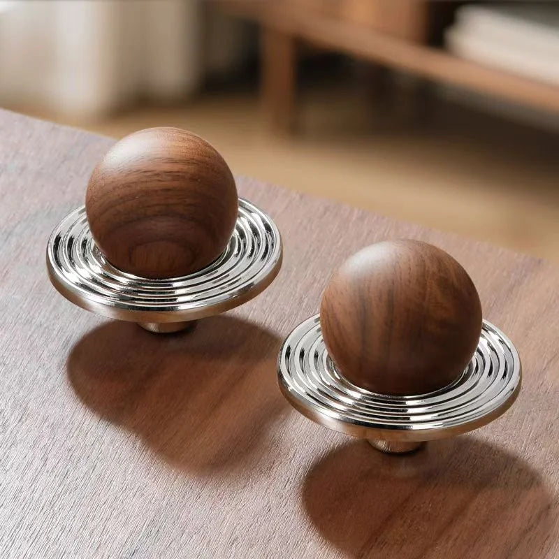 Modern Walnut Wood Brass Cabinet Door Handle Silver Wardrobe Cupboard Furniture Pulls Single Hole Drawer Knobs Cabinet Handles