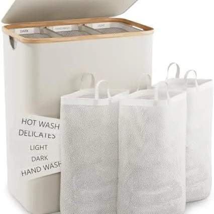 Dirty clothes basket bamboo basket bedroom with inner pocket with lid foldable  clothes storage basket with classification label