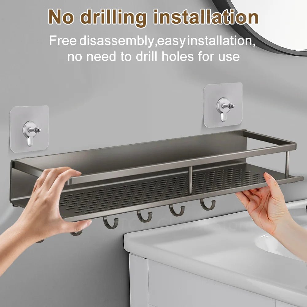 1/2Pcs No Punch Spice Rack Wall Mounted Kitchen Spice Organizer with Hook Rod Seasoning Rack Spice Shelf Bathroom Kitchen Shelf