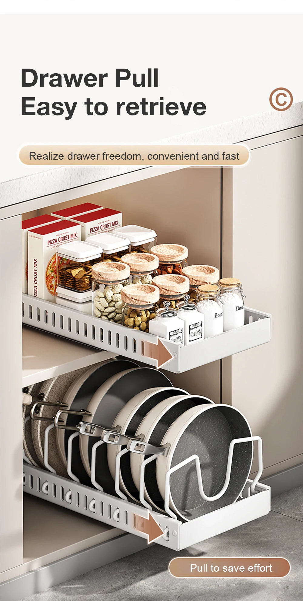 Hot-selling multifunctional kitchen pull-out cookware/frying pan sliding lid rack, spice rack, and bowl and plate drawer storage