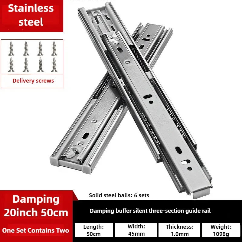 10" - 22"  45mm wide Stainless Steel Drawer Slides Soft Close Drawer Track Rail Sliding Three-Section Cabinet Furniture Hardware
