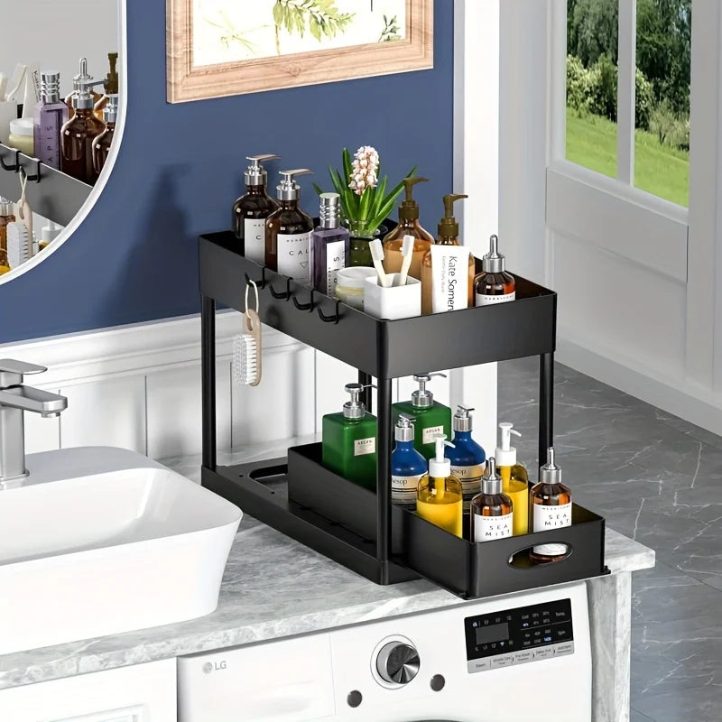 Under Sink Organizers and Storage Space-Saving Cleaning Supplies 2 Tier Sliding Under Shelf Organizer for Kitchen & Bathroom