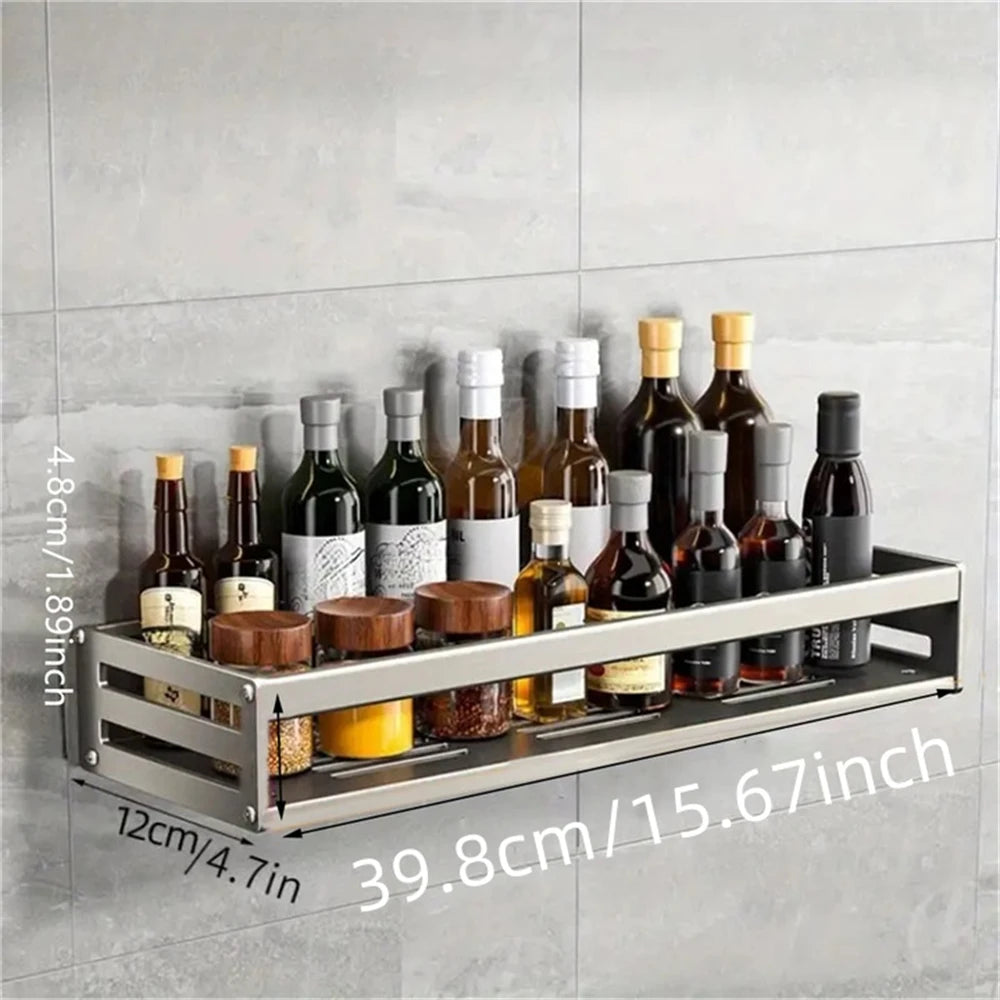 Aluminum Wall-Mounted Spice Rack Multifunctional Item Storage Shelf Kitchen Tools Storage Hooks Space Management Solution