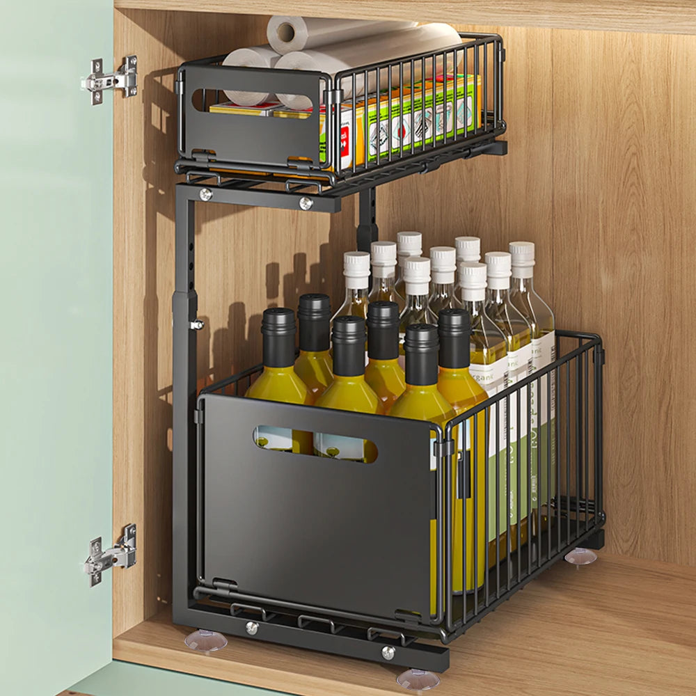 2-Tier Pull Out Cabinet Organizer Drawer Height Adjustable Kitchen Rack for Cabinet Under Sink Organizer Spice Jar Storage Shelf
