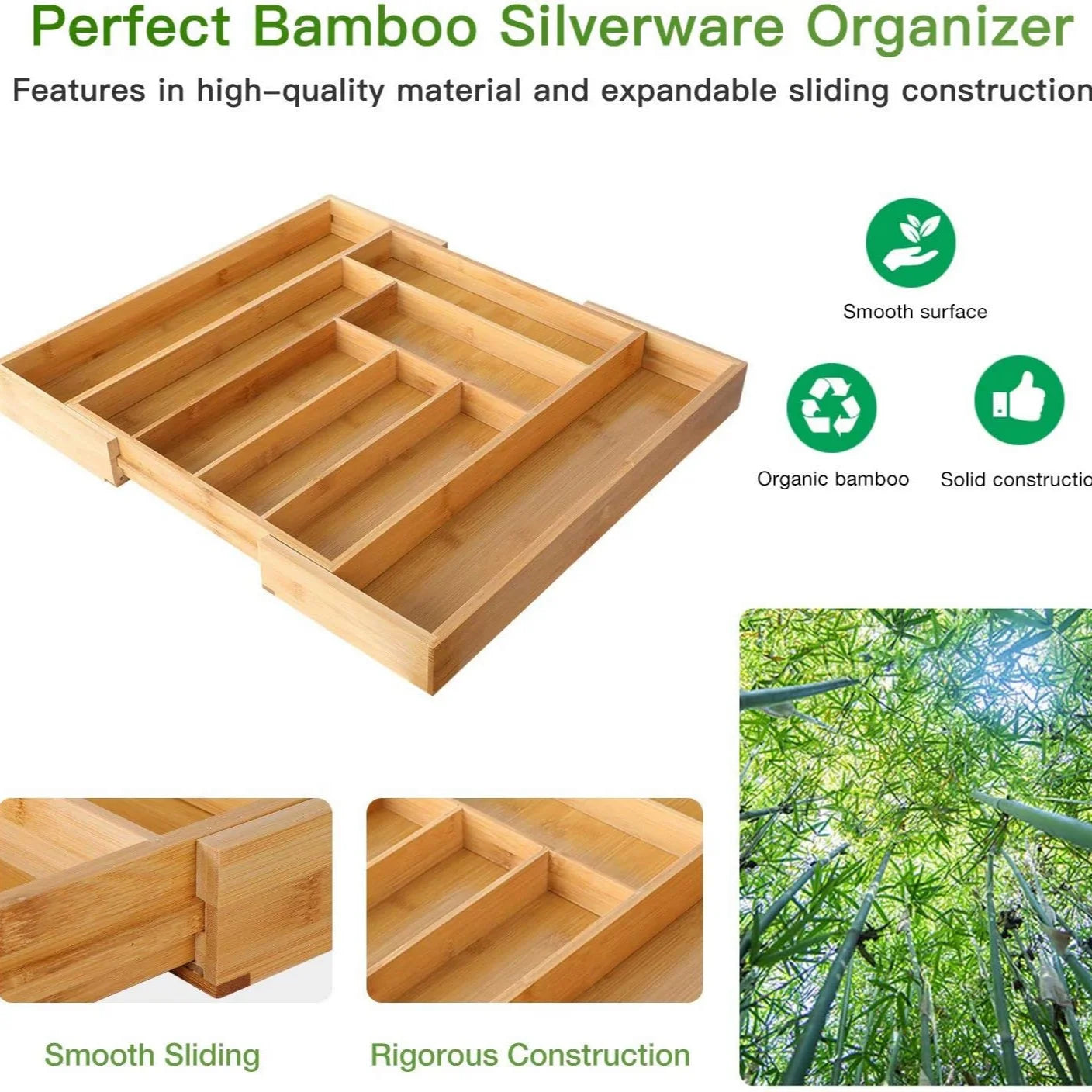 Adjustable Expandable Bamboo Drawer Organizer for Kitchen,Bedroom or Living Room-Ideal for Organizing Cutlery,Silverware& Knives