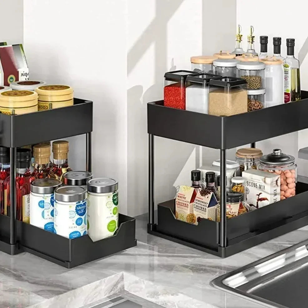 Under Sink Organizer Sliding Cabinet Basket Organizer Storage Rack with Hooks Hanging Cup Bathroom Kitchen Organizer