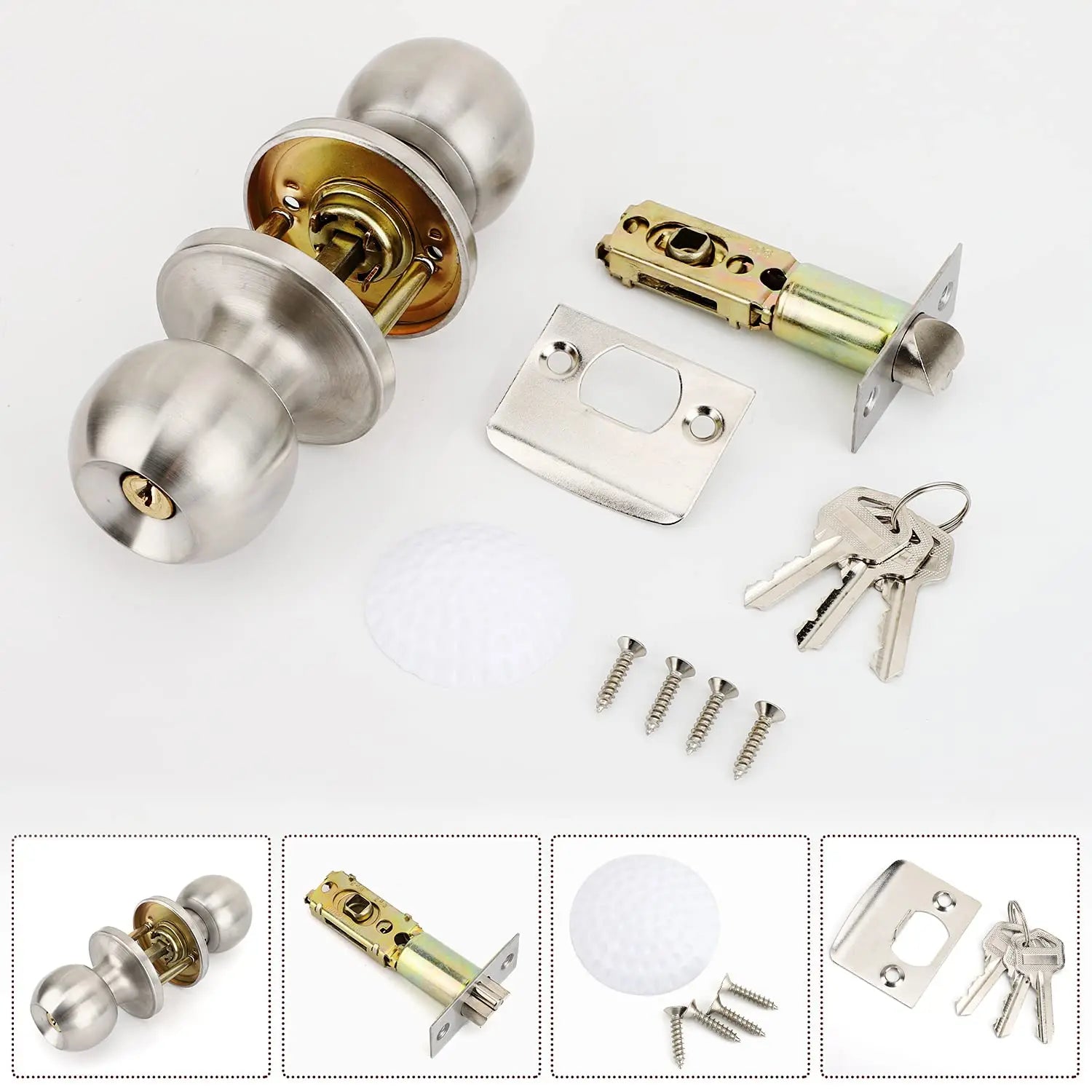 Keyed Entry Door Knob with Lock Round Door Knobs Stainless Steel Interior and Exterior Door Lock for Bedroom Bathroom
