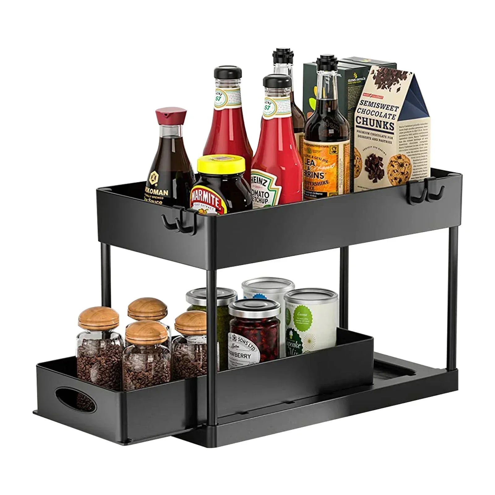 2 Tier Under Sink Organizer Sliding Cabinet  Organizer Storage Rack with Hooks Hanging Cup Bathroom Kitchen Organizer