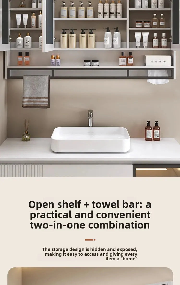 Bathroom Mirror Cabinet Wall Mounted LED Waterproof Aluminum Medicine Cabinet with Storage Shelf Towel Rod for Home Bathroom