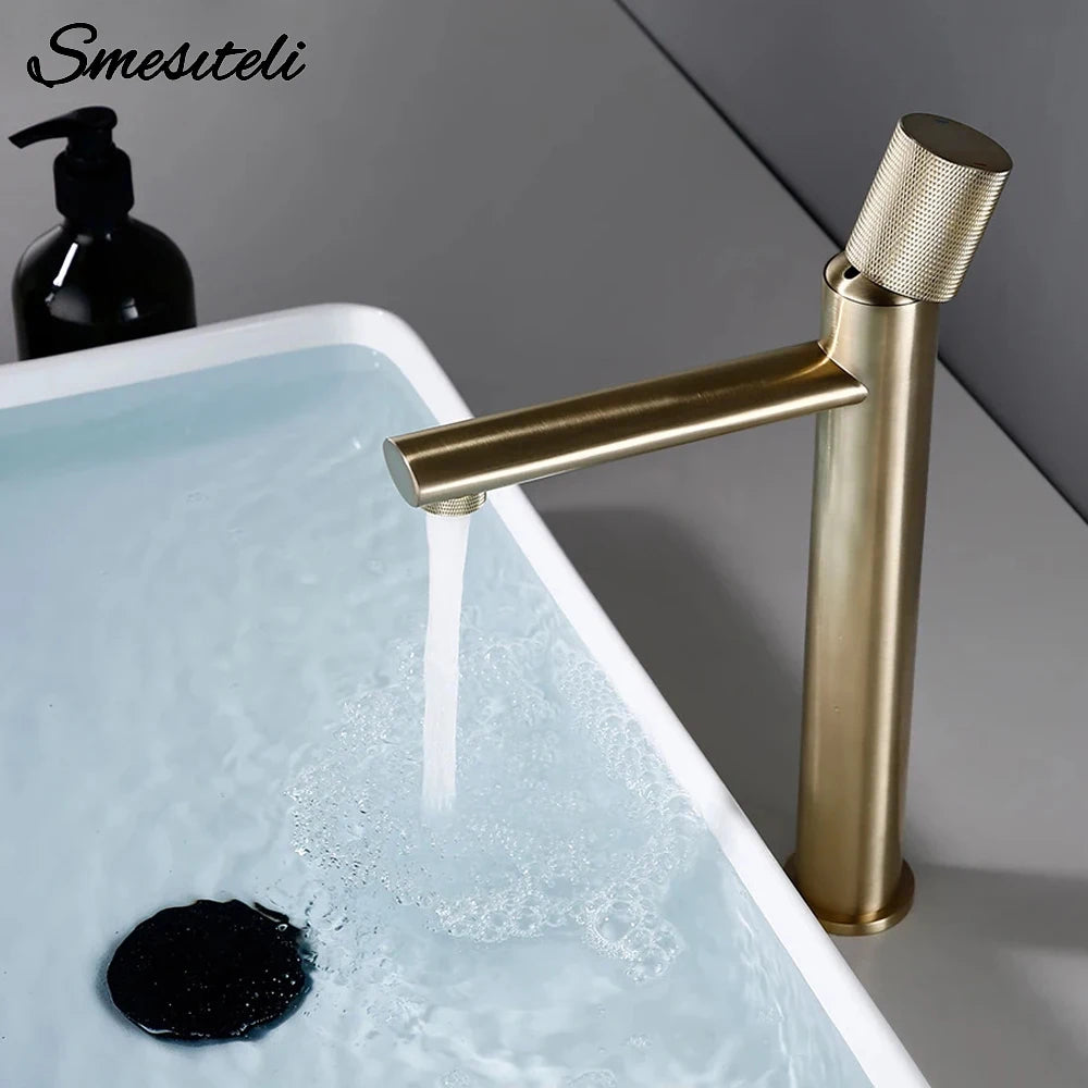 Knurled Faucet Brushed Gold Basin Faucet Bathroom Taps Single Handle Hot and Cold Sink Mixer Knurled Basin Faucet