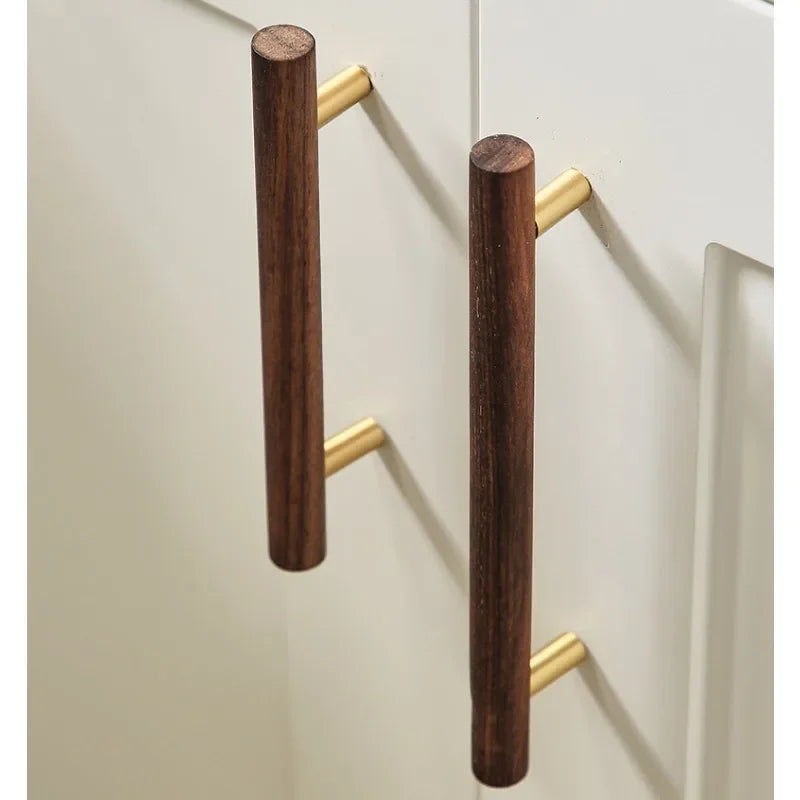 Walnut and Brass Furniture Handles Modern Simple Style Wood Cabinet Knobs and Handles Anti-cracking and Anti-oxidation