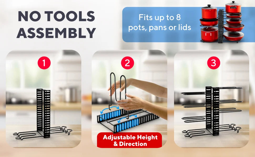 Pot Rack Organizer, 8 Tier Pots and Pans Organizer for Kitchen Organization & Storage, Adjustable Pot Lid Holders & Pan Rack