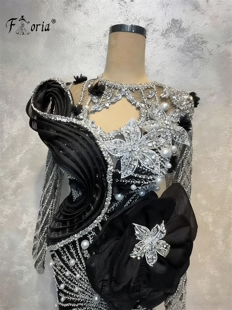 New Luxury Dubai Arabic Black Evening Dress Mermaid Pearls Beaded 3D Flower Lace Wedding Party Dresses robe de soiree Customized