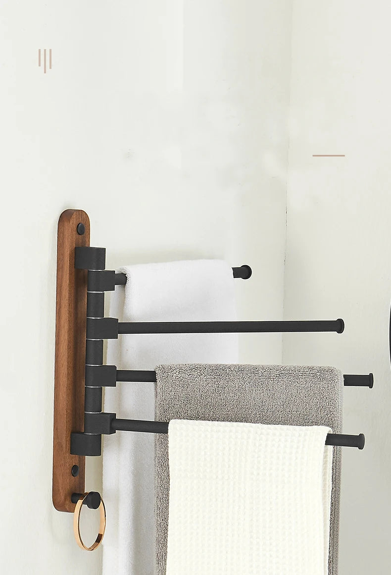 Bathroom Swivel Towel Rack, Wood & Matte Black Metal, 4-Arm Wall Mounted Towel Bar with Towel Ring, Space-Saving Towel Hanger