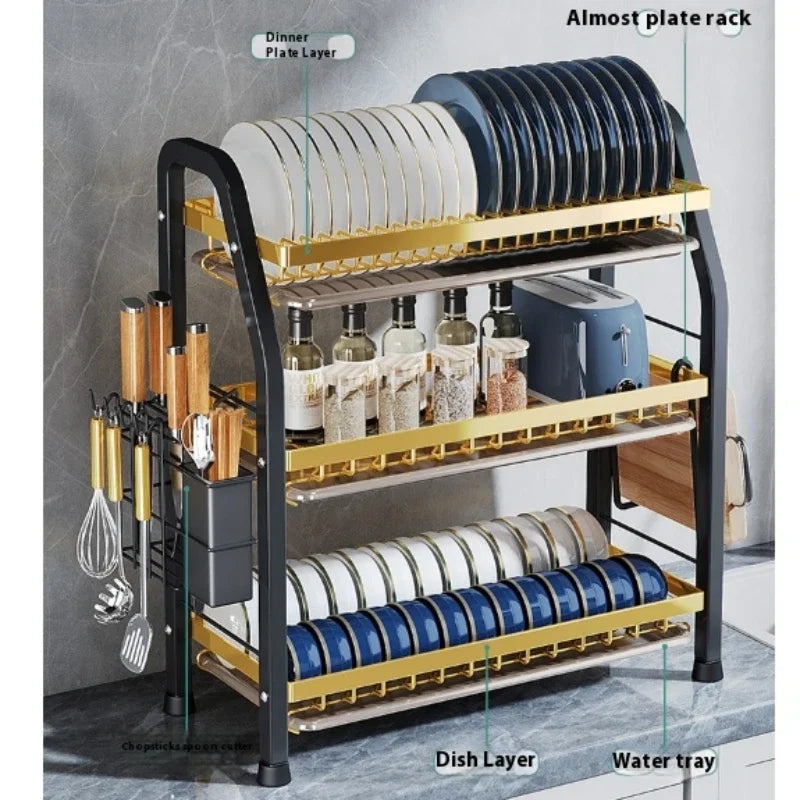 Dish Rack Kitchen Countertop 2/3 Layer Tableware Storage Rack Multifunctional Integrated Dish Rack Large Capacity Space Saving