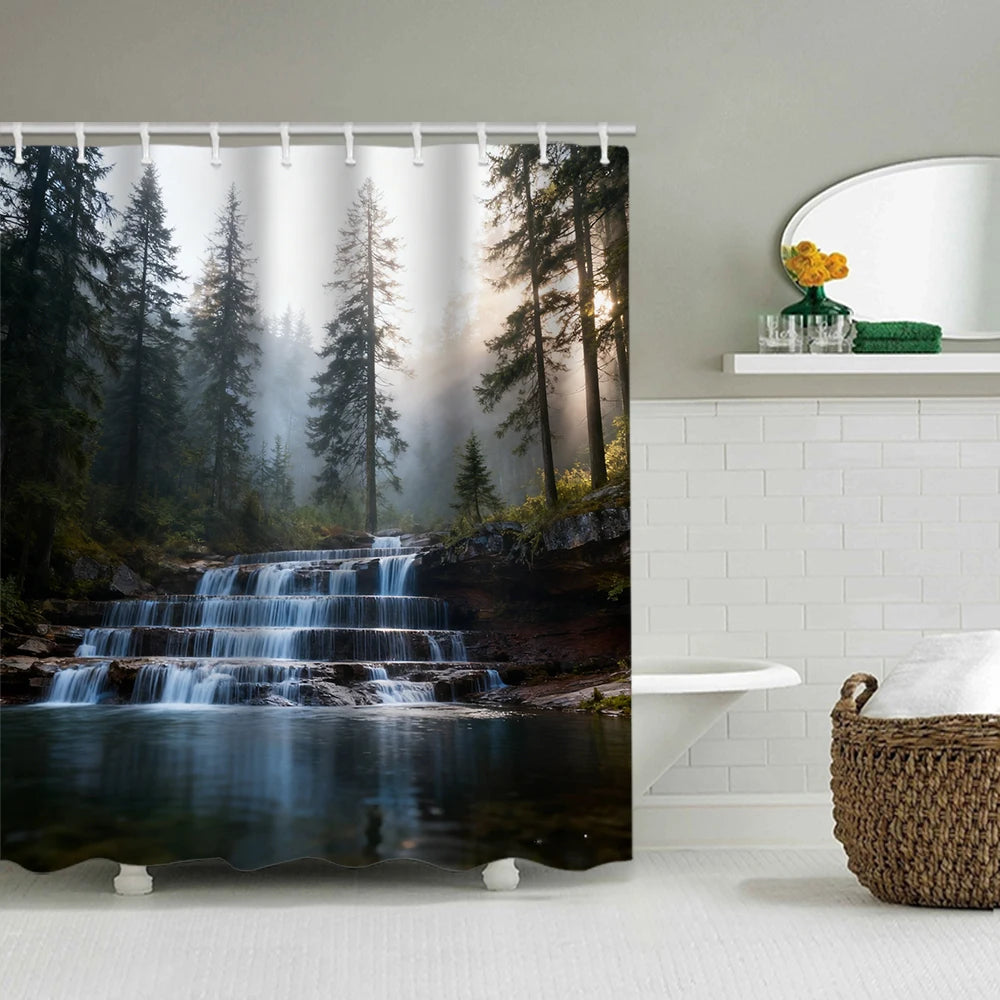 1/4 Forest Waterfalls  print shower Curtains, Toilet Seat Decoration, Shower Curtain with Carpet and Toilet Lid, 70.8x70.8 inch