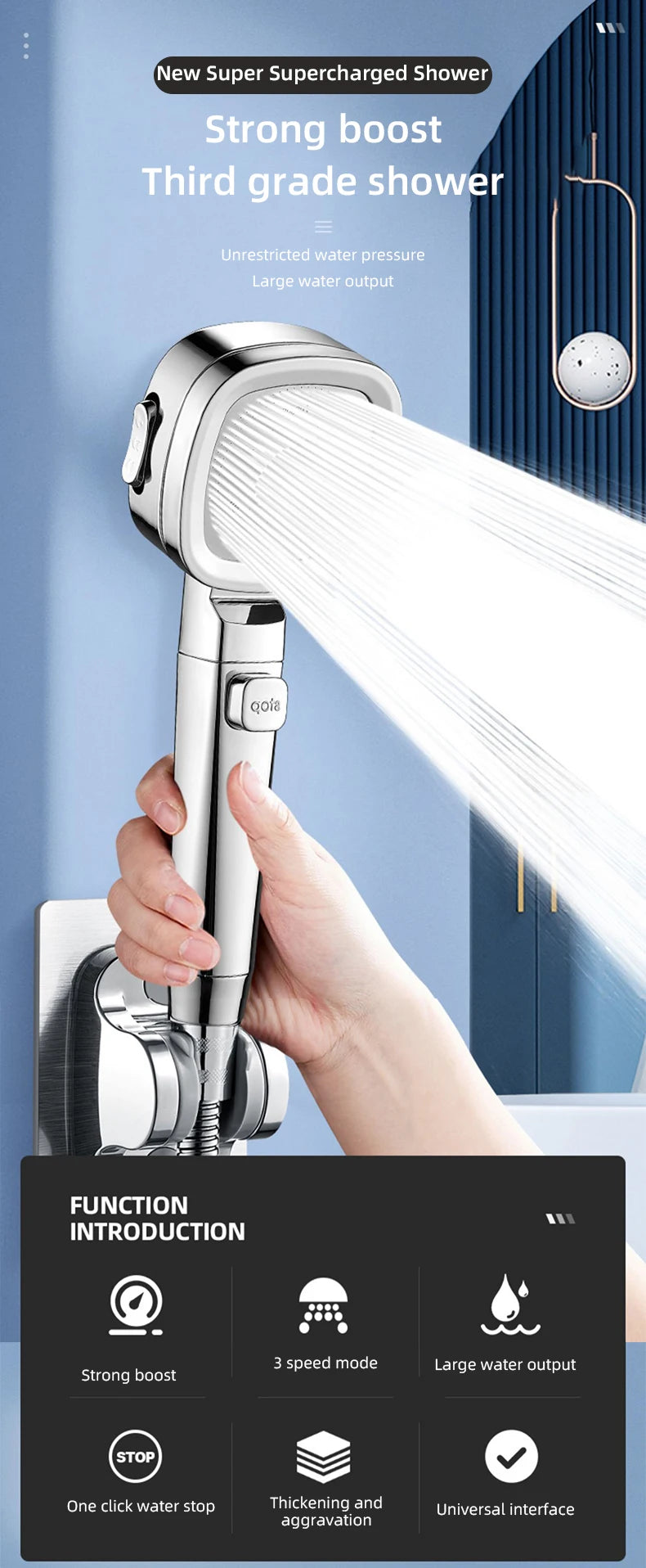 Bathroom Booster Shower Head with Filter, 3 Modes Adjustable Spray, Large Flow High Pressure Handheld Shower Head, Silver Shower