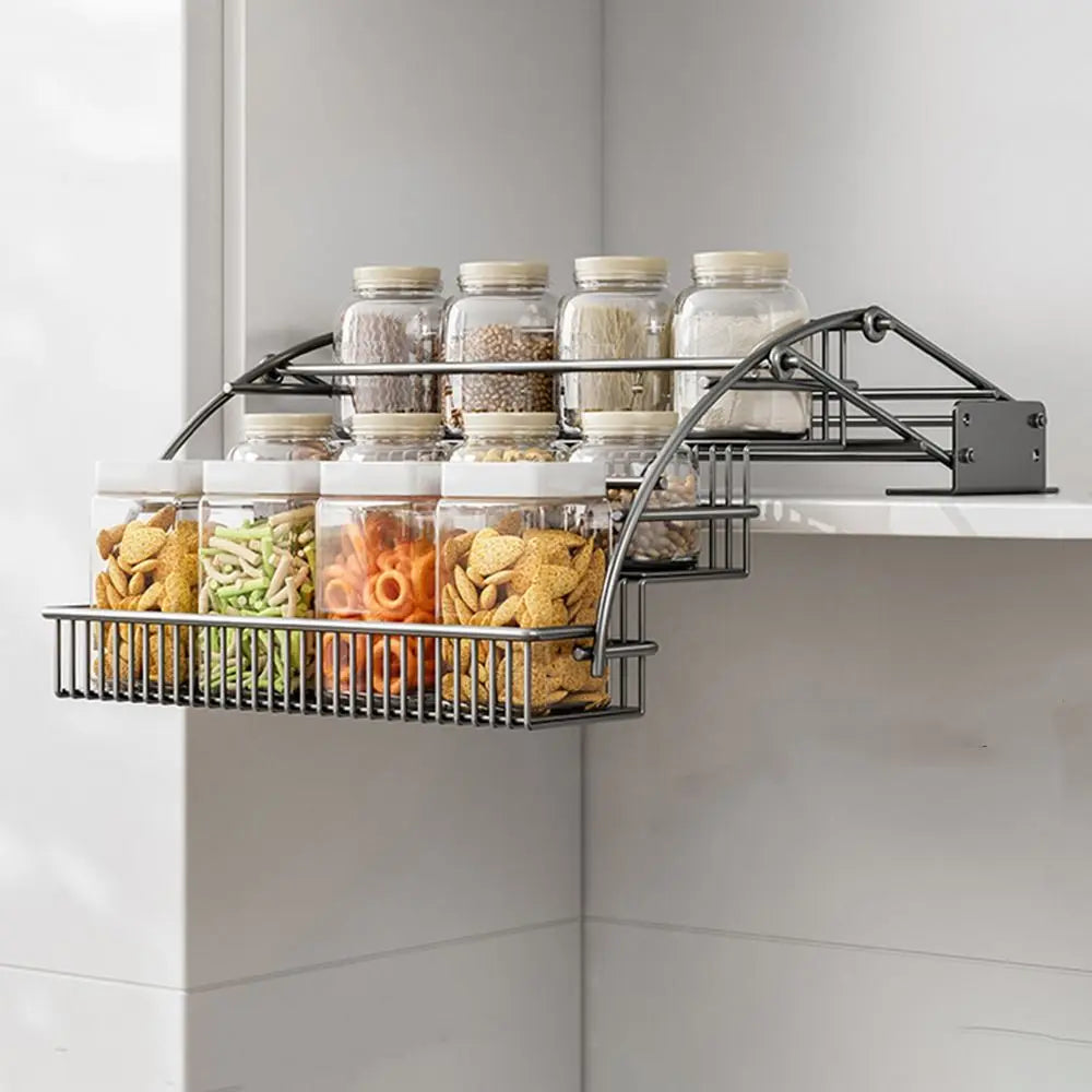 Carbon Steel 3-Tier Pull Down Spice Rack Large Capacity Space Saving Retractable Spice Rack Rust-proof Strong Load-bearing