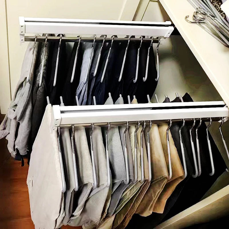 Pull-Out Closet Valet Rod Adjustable Wardrobe Clothing Rail Heavy Duty Top Mount Wardrobe Hanger Rack Bar Ball Bearing Slide