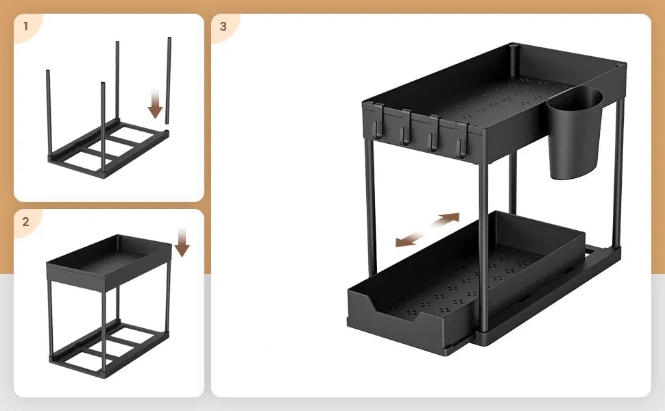 Under Sink Organizer and Storage, Kitchen Organization Rack with Double Sliding Cabinet Drawers, Multi-Purpose Storage Shelf Hol