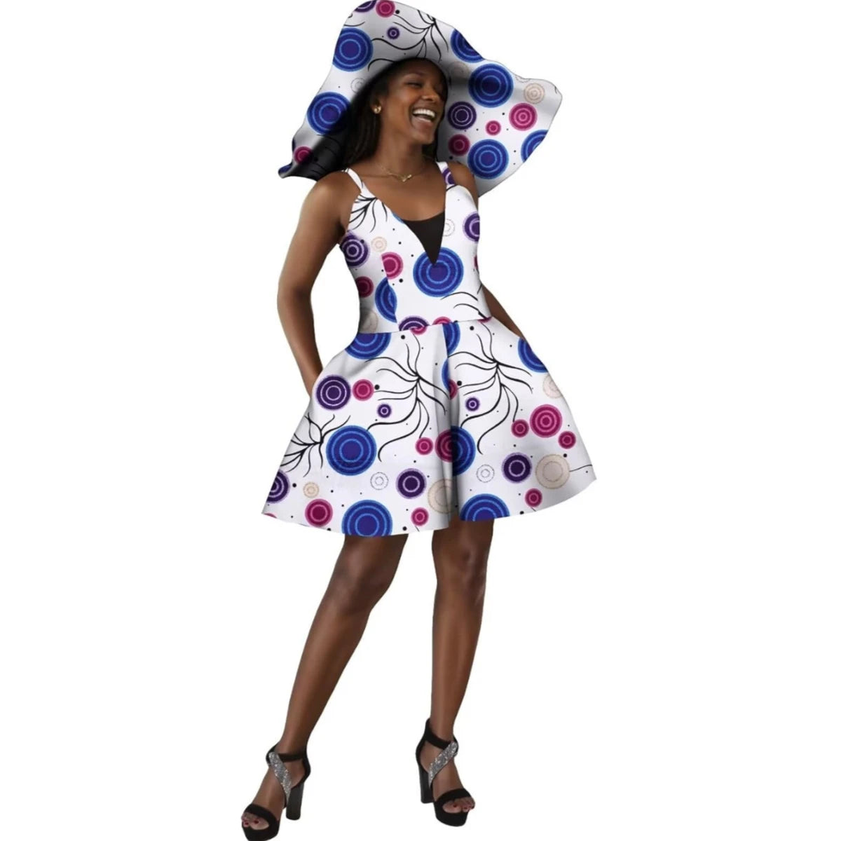 Women Summer Dress African Print Jumpsuit Sexy Sleeveless V-neck Short Pant with Hat Fashion African Clothes Lady Attire WY8844