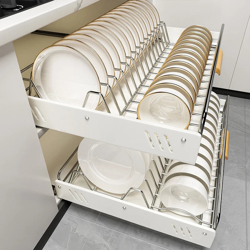 Drawer Wooden Handle Kitchen Dish Storage Rack Divider Dish Pullout Slider Punch-free Drawer Organiser Spice Racks Drainer Shelf
