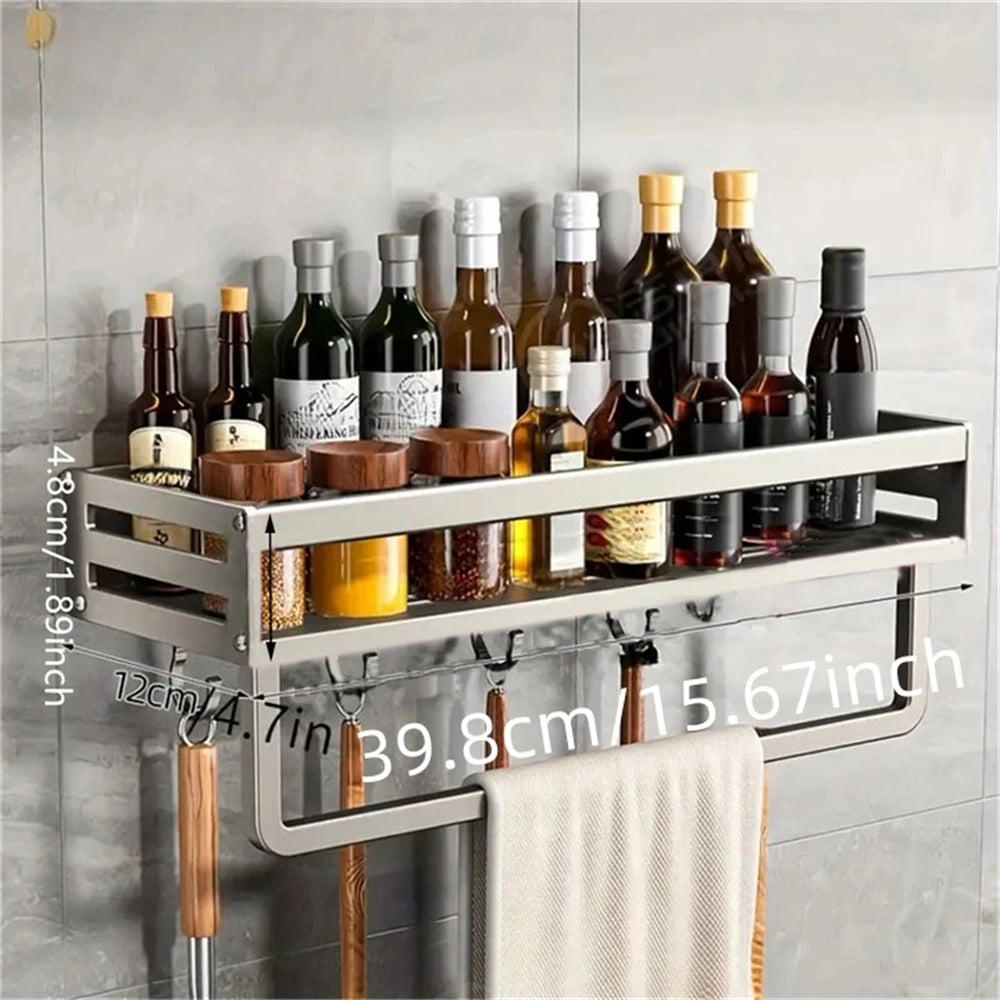 Aluminum Wall-Mounted Spice Rack Multifunctional Item Storage Shelf Kitchen Tools Storage Hooks Space Management Solution