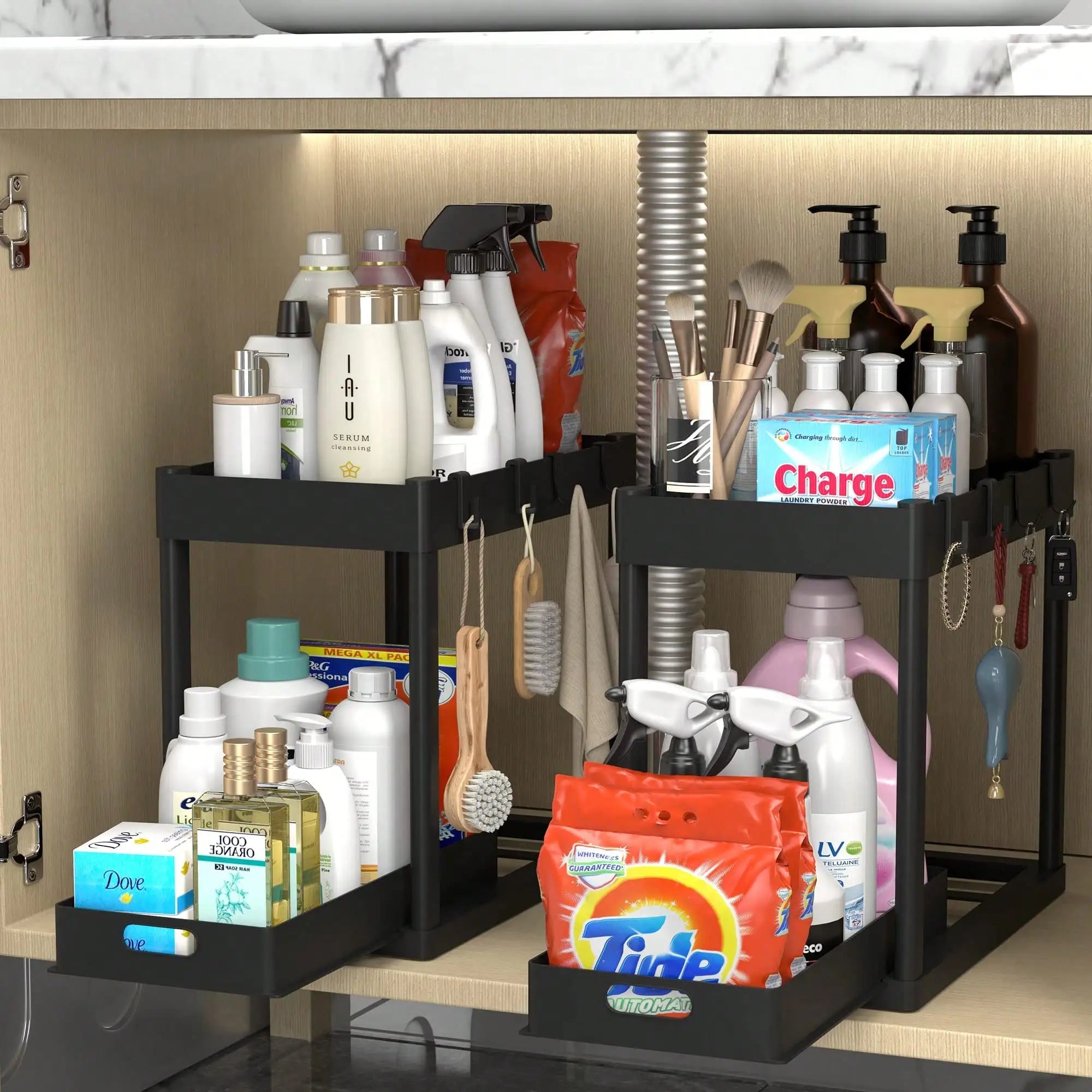 2 Tier Under Sliding Cabinet Basket Organizer Drawer with 4 Hooks, Multi-Purpose Under Sink Storage for Bathroom Kitchen Desktop