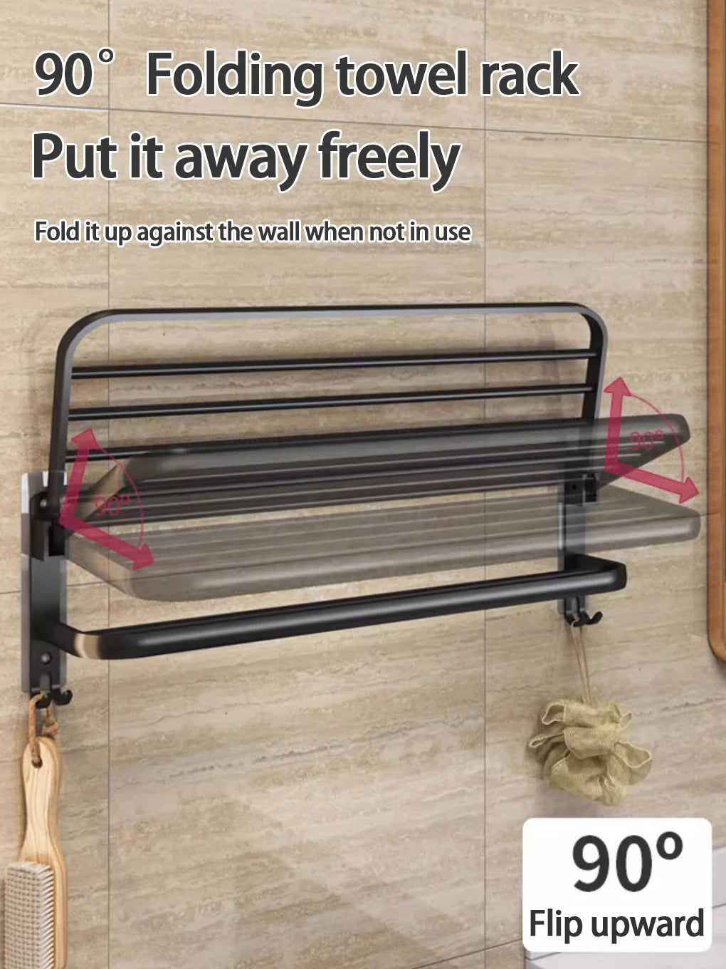 Bathroom Lavatory Towel Rack with Double Towel Bars & with HOOKS,19-inch Towel Shelf with Towel Bar,Towel Holder (Black、Gray)