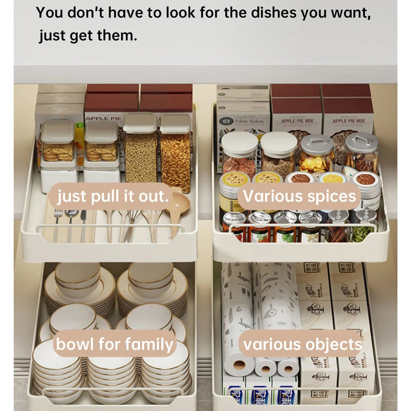 1Pc Dish Rack Kitchen Storage Box with Sliding Rail Pull-out Cabinet Storage Rack Spice Pantry Shelves Drawer Kitchen Organizer