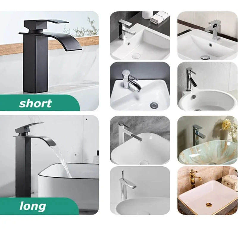 Bathroom Home Waterfall Wash Copper Core Waterfall Stainless Steel Basin Stainless SteelFaucet Black Hot &Cold Toilet Wash Basin