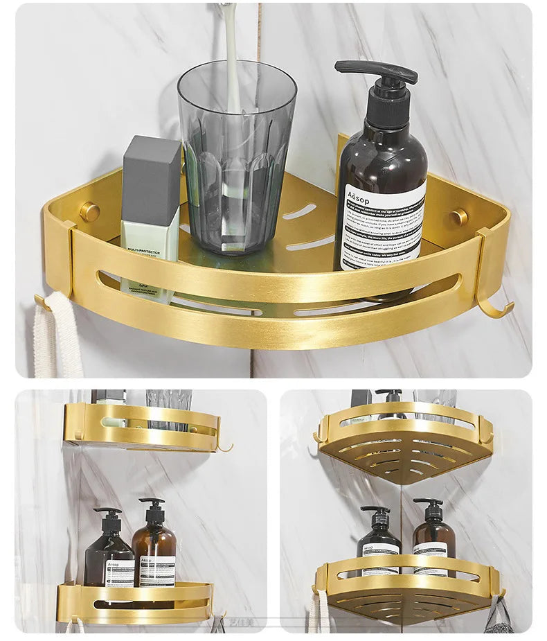 Bathroom accessories: brushed golden corner rack, towel rack, bathroom storage rack, bathroom hardware pendant bath accessories