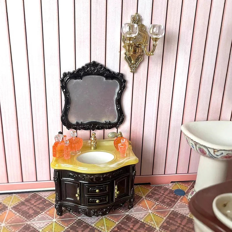 Dollhouse Decoration Accessories; Mini Bathroom Furniture with Basin, Sink and Mirror.